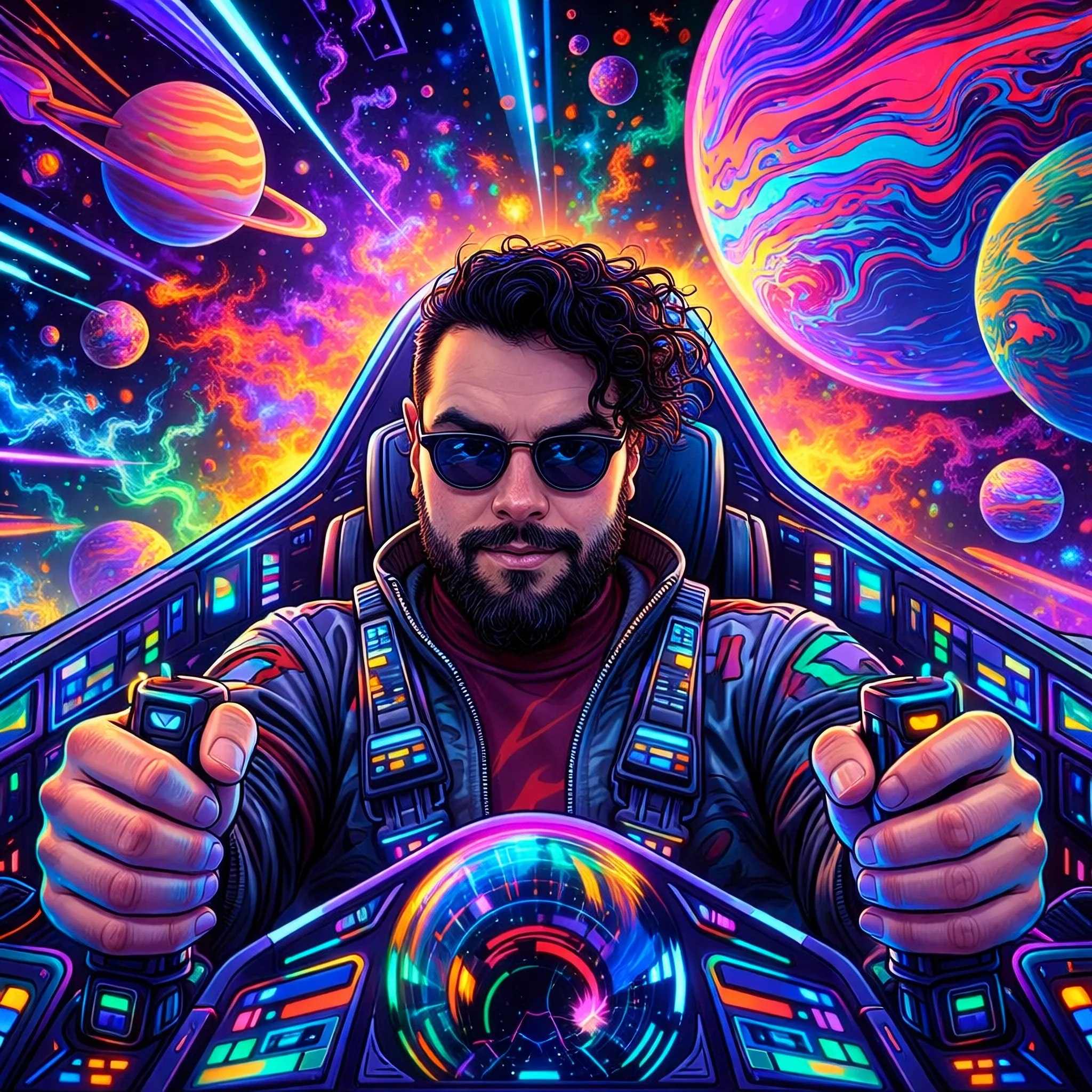 Ilustración cósmica de Samwise pilotando una nave a través del espacio